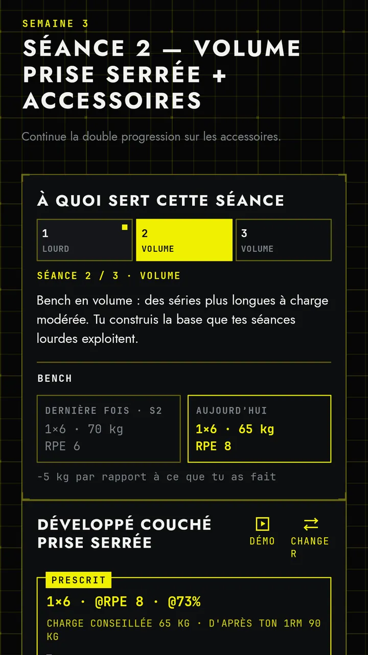Écran d’une séance dans ZEN : rôle de la séance dans la semaine, et la cible du jour au développé couché, 1 série de 6 à 65 kg, comparée aux 70 kg de la dernière fois.